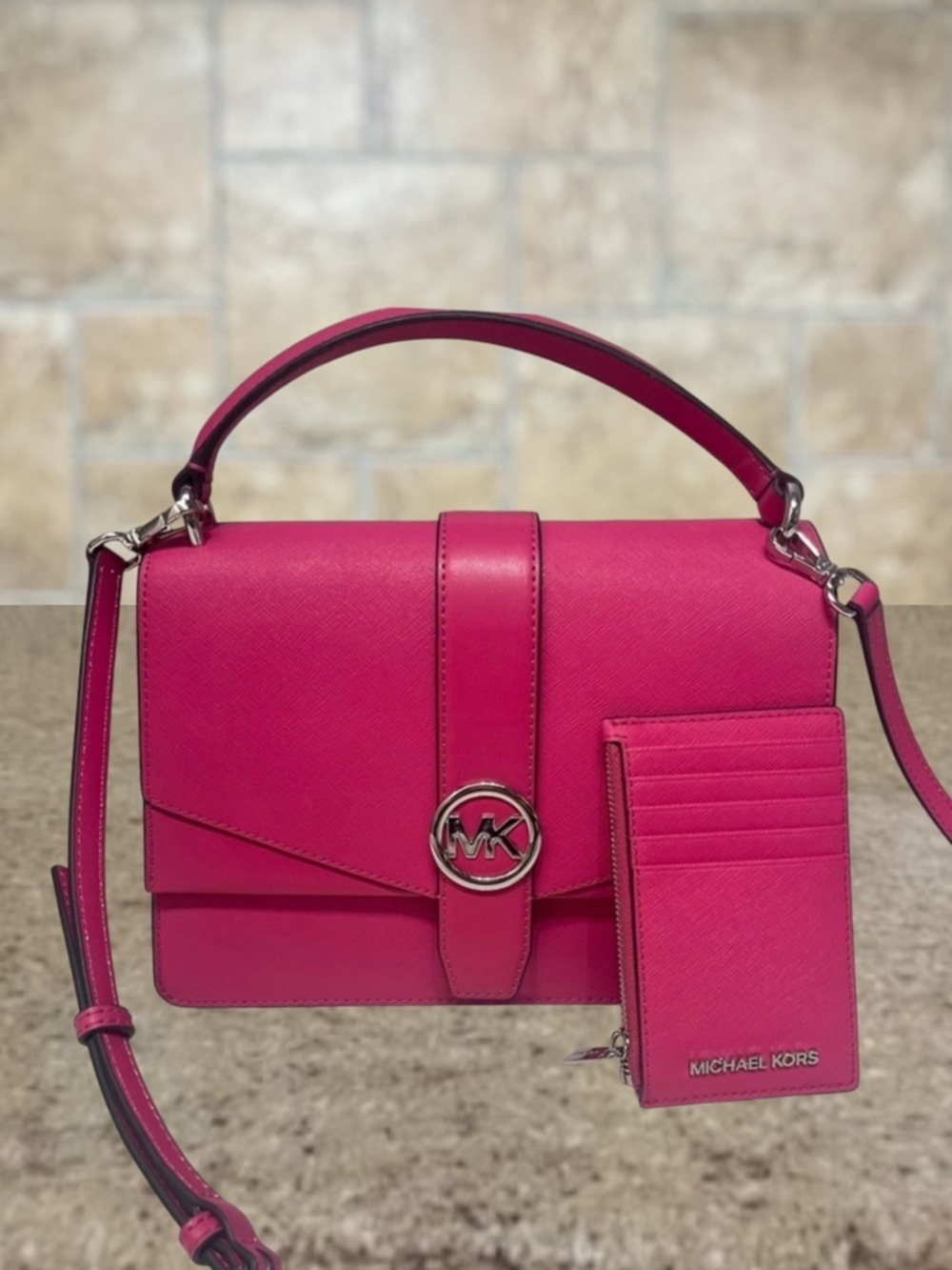 Michael Kors Greenwich Top Handle Satchel & Matching Wallet Dragonfruit Pink